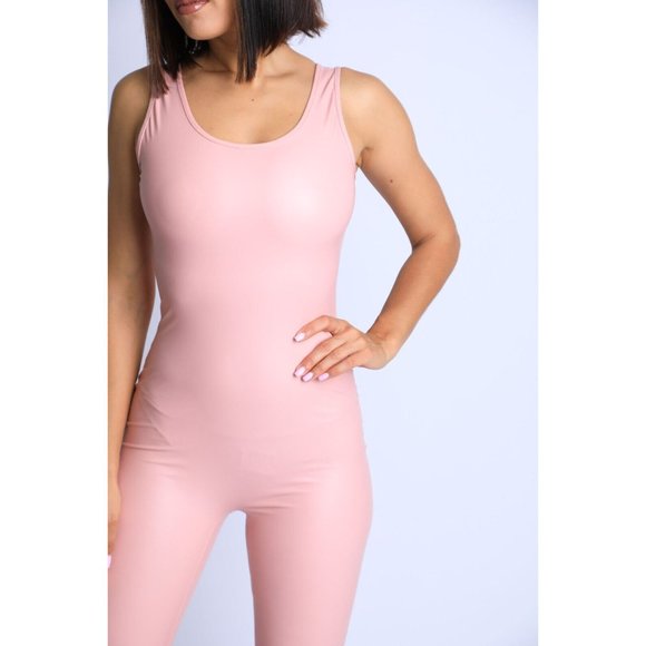 Satin Pu Tank Sleeveless One Piece Casual Scoop Neck Skinny Leg Jumpsuit Catsuit - Picture 2 of 12